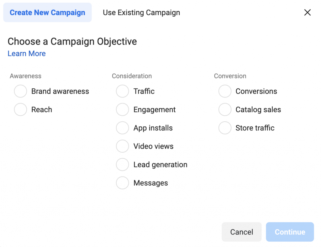 Facebook ad types campaign objectives